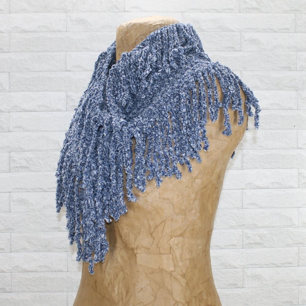 HAND CRAFTED Scarf Infinity Chenille Shawl Turtleneck Fringe Oversized Blue - Picture 5 of 15